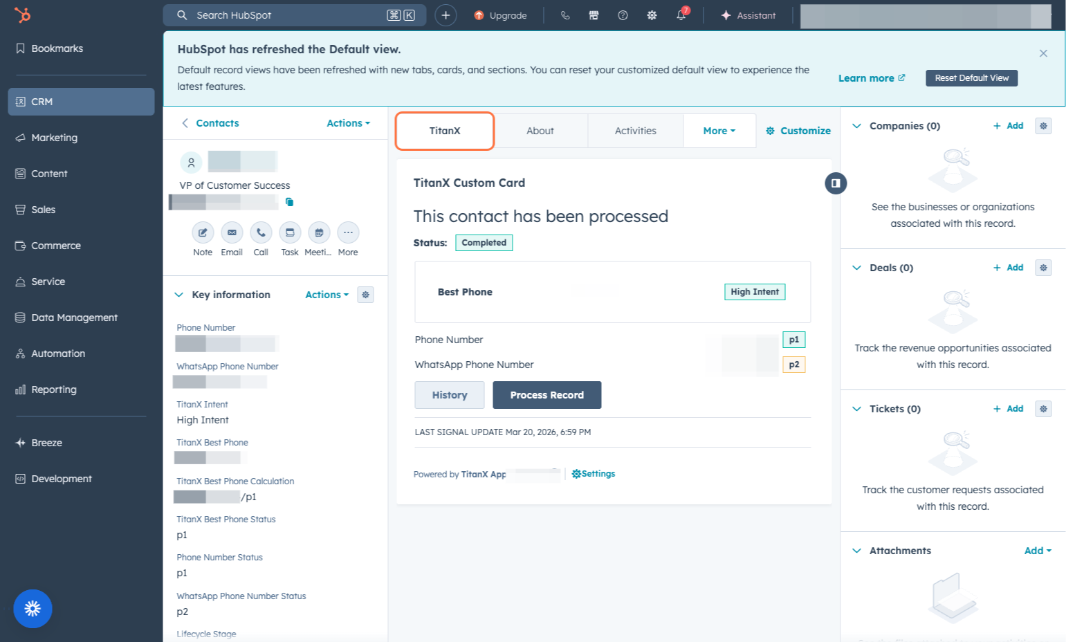 Contact View of TitanX including Custom Card and TitanX Contact Properties